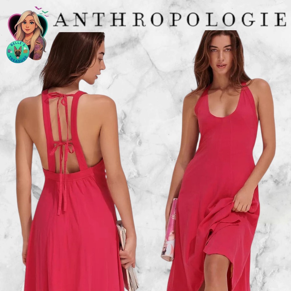 Anthropologie Women's Medium Hot Pink Halter Bow Tie Back Midi Dress Beach Flowy